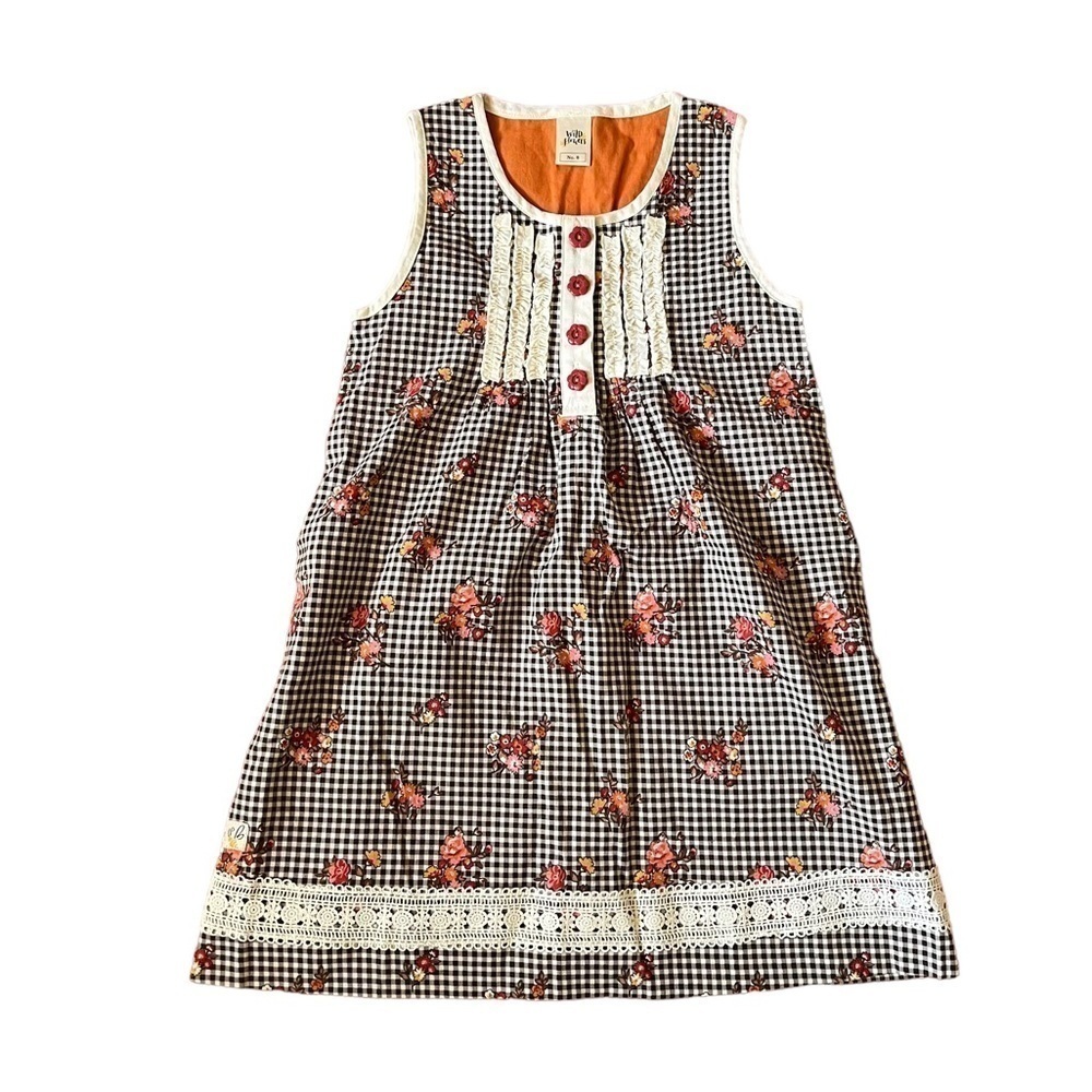 Wildflowers brown gingham print sleeveless dress with delicate warm floral print